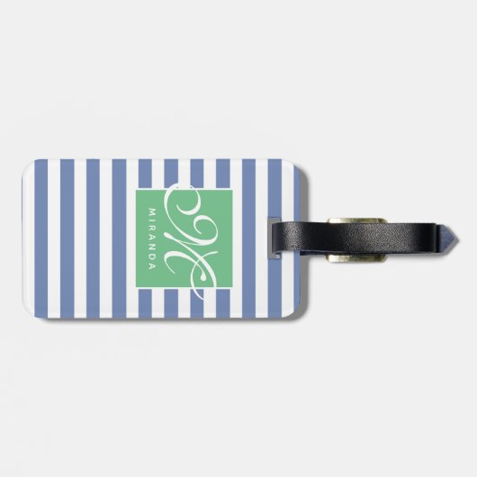 Blauw en wit gestreept en groen Lijst - Monogram Bagagelabel (Achterkant horizontaal)