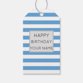 Blauw en wit gestreept, gelukkige dag cadeaulabel