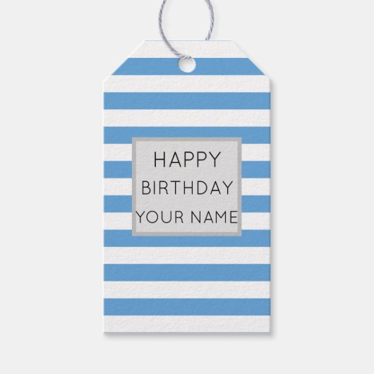 Blauw en wit gestreept, gelukkige dag cadeaulabel (Voorkant)