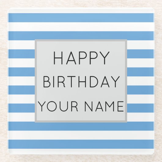 Blauw en wit gestreept, gelukkige dag glazen onderzetter (Voorkant)