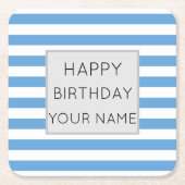 Blauw en wit gestreept, gelukkige dag kartonnen onderzetters (Voorkant)