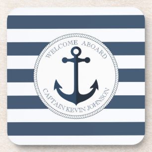 Blauw en wit gestreept met anker gepersonaliseerd bier onderzetter