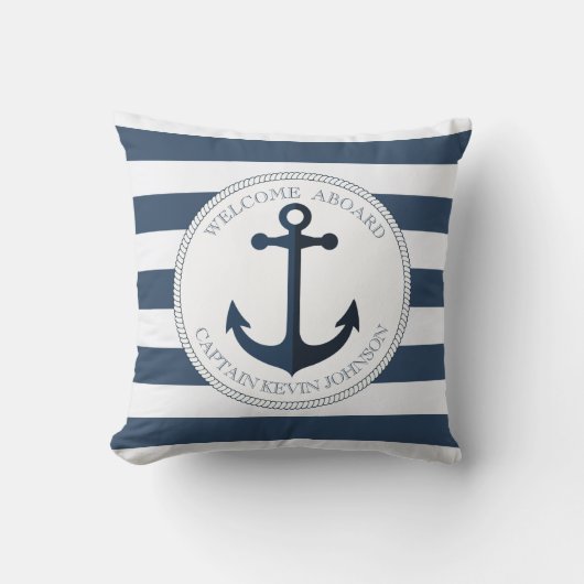 Blauw en wit gestreept met anker gepersonaliseerd kussen (Voorkant)