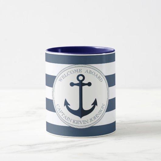 Blauw en wit gestreept met anker gepersonaliseerd mok (Midden)