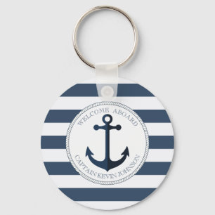 Blauw en wit gestreept met anker gepersonaliseerd sleutelhanger