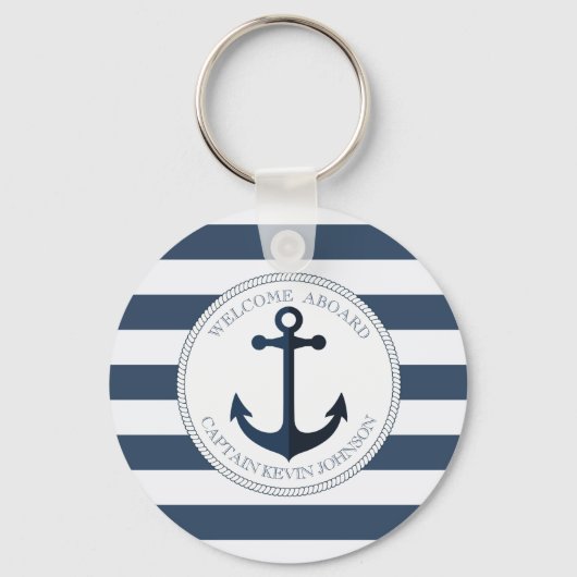 Blauw en wit gestreept met anker gepersonaliseerd sleutelhanger (Voorkant)