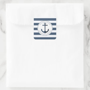 Blauw en wit gestreept met anker gepersonaliseerd vierkante sticker
