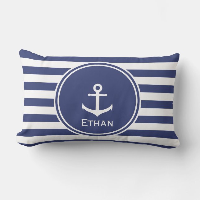 Blauw en wit gestreept met ankernaam en aangepaste kussen (Voorkant)