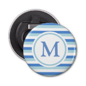 Blauw en wit gestreept monogram button flesopener (Voorkant)