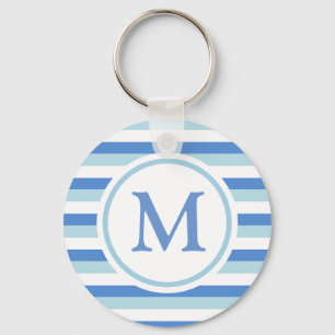 Blauw en wit gestreept monogram sleutelhanger