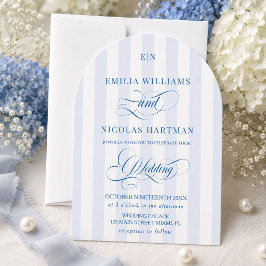 Blauw en wit gestreepte monogram bruiloft kaart