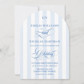Blauw en wit gestreepte monogram bruiloft kaart (Voorkant)