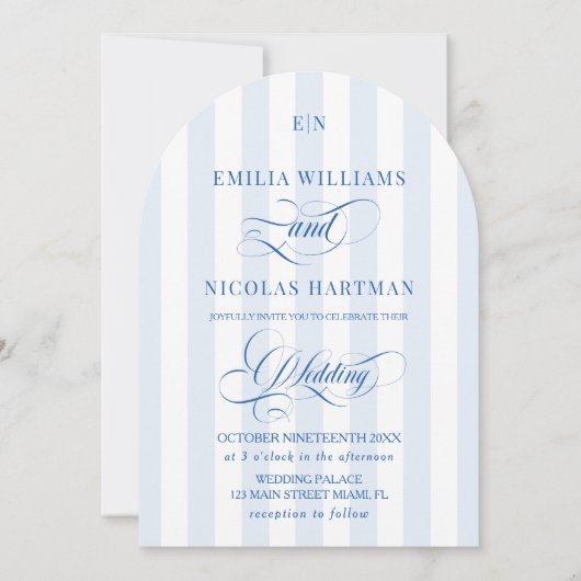 Blauw en wit gestreepte monogram bruiloft kaart (Voorkant)