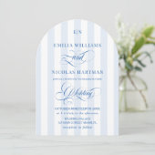 Blauw en wit gestreepte monogram bruiloft kaart (Staand voorkant)