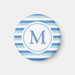 Blauw en wit gestreepte monogram magneet
