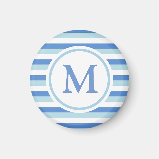 Blauw en wit gestreepte monogram magneet (Voorkant)