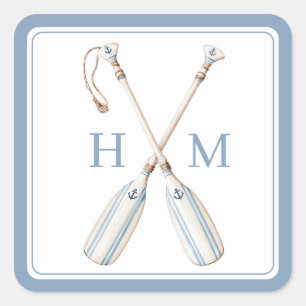 Blauw en wit gestreepte scheepsroer monogram Nauti Vierkante Sticker