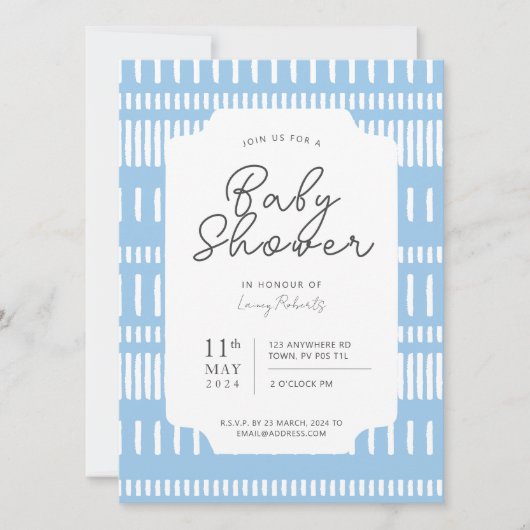Blauw en wit gestreepte verfstreek babyfeestje kaart (Voorkant)