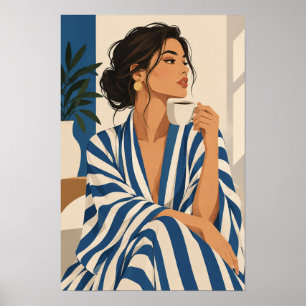 Blauw en wit gestreepte vrouw met moderne koffie W Poster