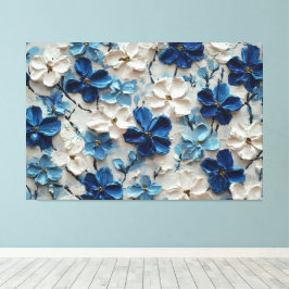 Blauw en wit gestructureerde bloemenschilderij – A Canvas Afdruk
