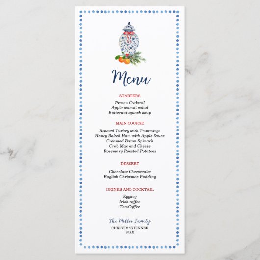 Blauw en wit Ginger Jar kerstdiner Menu (Voorkant)