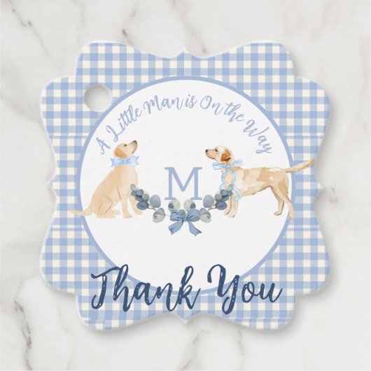Blauw en Wit Gingham Baby shower Welkomstbord Bedankjes Labels (Voorkant)