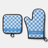 Blauw en wit Gingham boerderij gepersonaliseerd Ovenwant & Pannenlap Set (Voorkant)