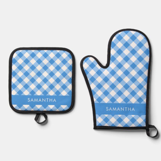 Blauw en wit Gingham boerderij gepersonaliseerd Ovenwant & Pannenlap Set (Voorkant)