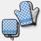 Blauw en wit Gingham boerderij gepersonaliseerd Ovenwant & Pannenlap Set (Voorkant / Achterkant)