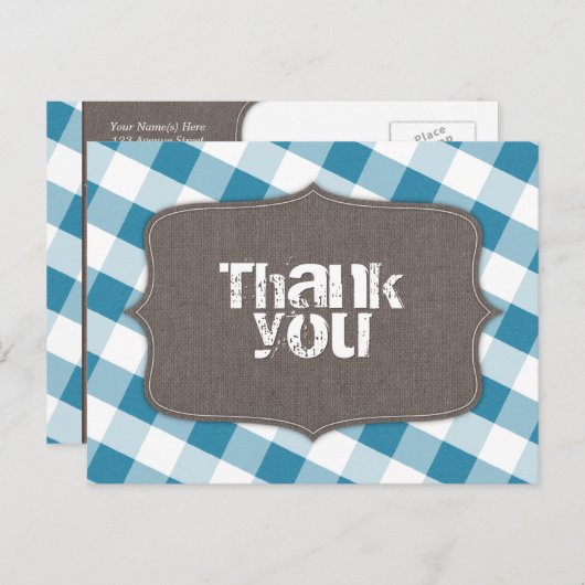 Blauw en wit Gingham Canvas Dank u Briefkaarten (Voorkant / Achterkant)