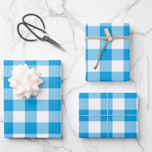 Blauw en wit Gingham Check Plaid Inpakpapier Vel (Voorkant)