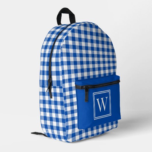 Blauw en wit Gingham Check Plaid Monogram Bedrukte Rugzak (Achterkant Hoek Links)