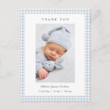 Blauw en wit Gingham geboorteaankondiging voor bab
