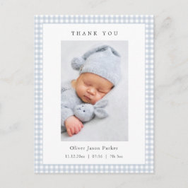 Blauw en wit Gingham geboorteaankondiging voor bab Briefkaart