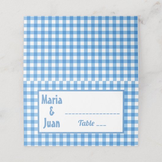 Blauw en Wit Gingham Lijst bruiloft Plaatskaartje (Buitenkant ongevouwen)