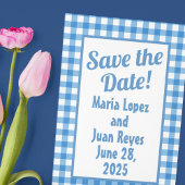 Blauw en Wit Gingham Lijst Save-the-Date Briefkaart