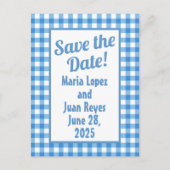 Blauw en Wit Gingham Lijst Save-the-Date Briefkaart (Voorkant)