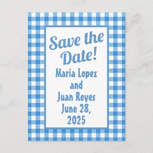 Blauw en Wit Gingham Lijst Save-the-Date Briefkaart (Voorkant)