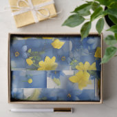 Blauw en Wit Gingham met Blauwe en Gele Bloem Tissuepapier (Geschenk)