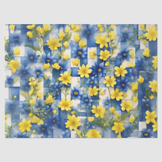 Blauw en Wit Gingham met Blauwe en Gele Bloem Tissuepapier (Voorkant)
