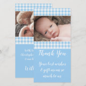 Blauw en wit gingham nieuwe baby bedankt foto (Voorkant / Achterkant)