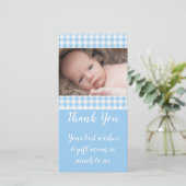 Blauw en wit gingham nieuwe baby bedankt foto (Staand voorkant)