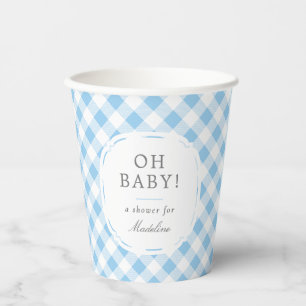 Blauw en Wit Gingham Patroon Oh Baby Jongen Douche Papieren Bekers