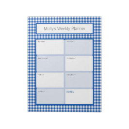 Blauw en Wit Gingham Plaid Gepersonaliseerde Plann Notitieblok