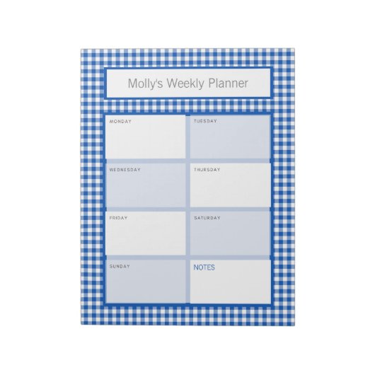 Blauw en Wit Gingham Plaid Gepersonaliseerde Plann Notitieblok (Linkerzijde)