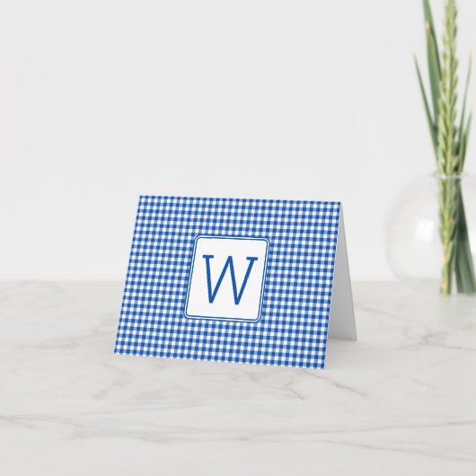 Blauw en wit Gingham Plaid Monogram Notitiekaartje (Voorkant)