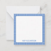 Blauw en wit Gingham Plaid Monogram Notitiekaartje (Voorkant)