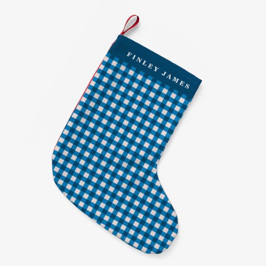 blauw en wit Gingham Pset op persoonlijke titel Kleine Kerstsok (Voorkant (Hangend))