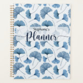Blauw en wit Gingko-bladpatroon Planner (Voorkant)
