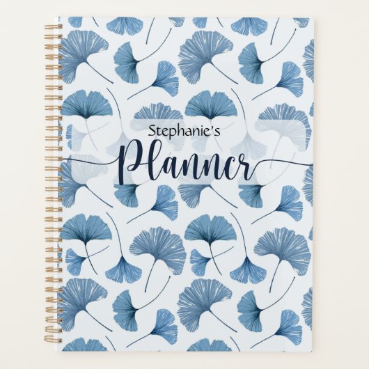 Blauw en wit Gingko-bladpatroon Planner (Voorkant)